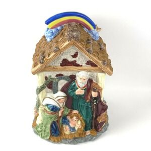 Vintage Nativity Scene Ceramic Cookie Jar Rainbow Roof Mercuries